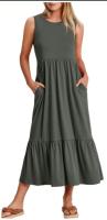 Vestido de verano informal sin mangas con cuello redondo para mujer, vestido largo de playa con gradas, trajes de vacaciones - details 3
