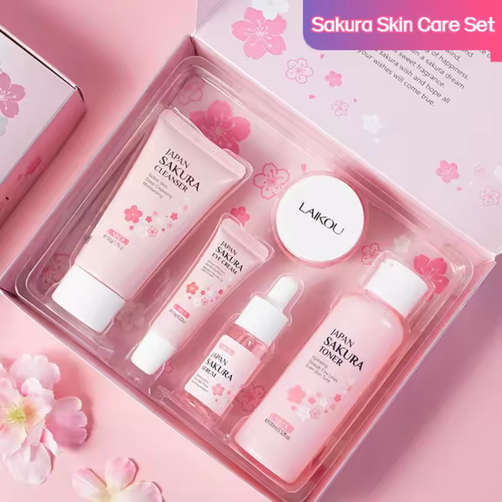 5/3 unids/set Sakura juegos de cuidado de la piel crema Facial suero tóner limpiador Facial protector solar crema para ojos caja de regalo producto de cuidado de la piel Facial - 1