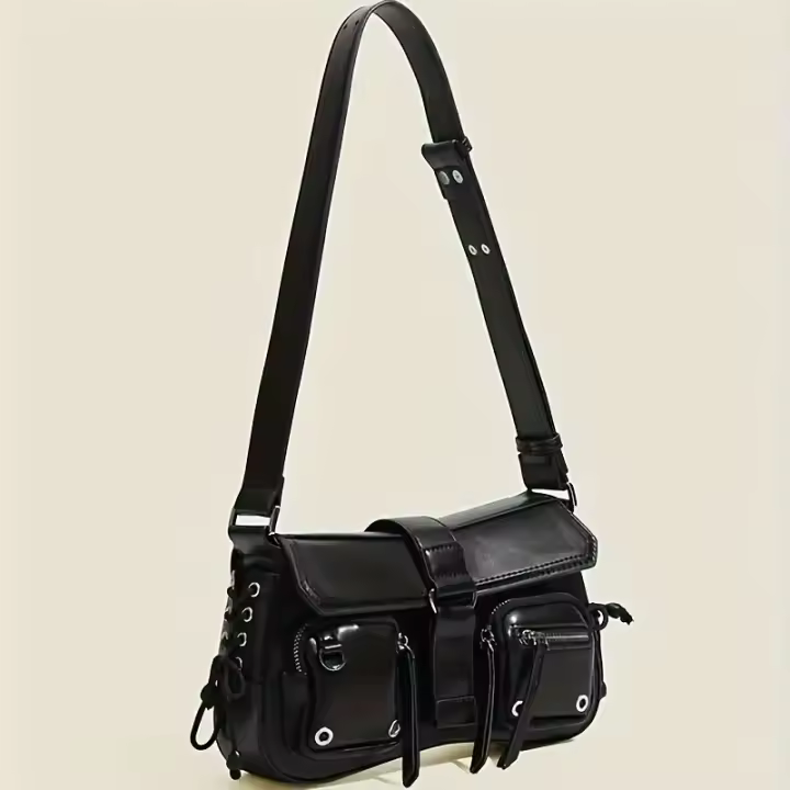 Bolso de hombro para mujer estilo punk negro - Bolso mensajero para motocicleta con múltiples bolsillos con correa ajustable y compartimentos con cremallera, diseño atrevido para ropa informal o de calle, bolso de viaje elegante |   Bolso minimalista para - 1