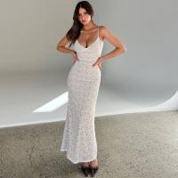 Vestido Largo Transparente de Verano 2025 - Vestido de Noche Ajustado de Color Sólido Sexy sin Mangas con Encaje Trenzado para Mujer - details 6