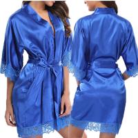 Pijama De Seda Para Mujer Con Encaje Y Manga Larga Cómodo Y Suave De Color Sólido Negro Bata De Baño De Largo Cintura - details 3