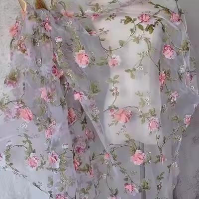Tela de encaje bordado de Organza, falda de flores de gasa 3D, rosa y azul, Fondo de boda, tela decorativa - 1