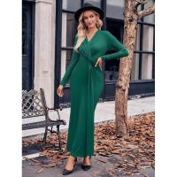 Vestido con cuello en V para mujer, prenda elegante de manga larga, color liso, 2025 - details 2