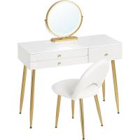 Tocador con luz ajustable con espejo, 3 cajones, con taburete de terciopelo Crema+Oro - details 7
