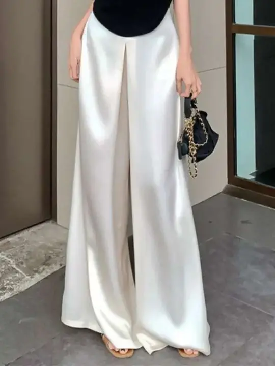 Moda satén blanco ancho mujer Primavera Verano y otoño nuevos estilos cintura alta pierna recta son súper pantalones - 1