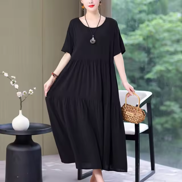 Vestido casual de verano para mujer, holgado, liso, largo, cuello redondo, retro, manga corta, - 1