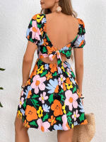 Vestido corto con manga farol y falda para la playa estampada con cuello en V novedad de verano 2025 para mujer - details 6