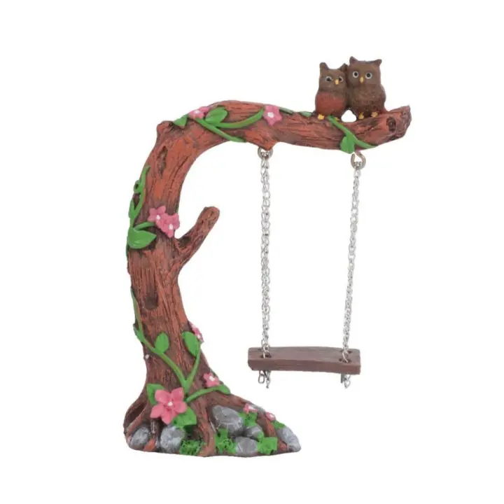 Estatua de columpio de búho de jardín, artesanías de resina divertidas, Mini estatuilla de columpio hecha a mano, adorno de tronco de búho, patios - 1