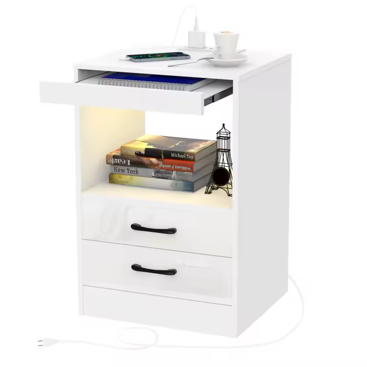 Rcynview Mesa de noche  Madera, luz LED, enchufes USB, cajón abierto, compartimentos 40x40x35cm - 1