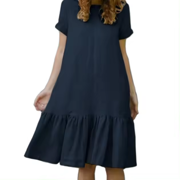 Falda holgada de manga corta, cuello redondo, algodón y lino, temperamento para mujer - 1