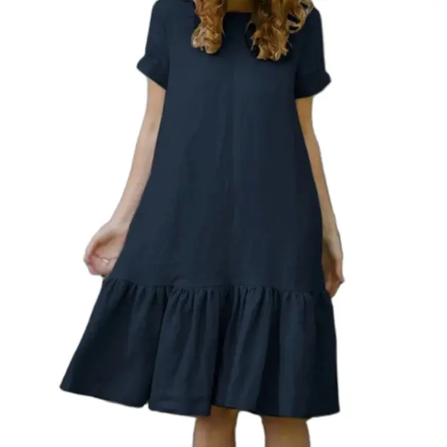 Falda holgada de manga corta, cuello redondo, algodón y lino, temperamento para mujer - 1