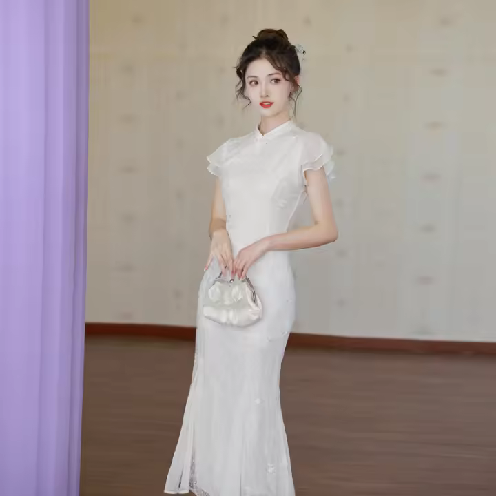 Elegante Vestido de Bordado de Alta Gama Estilo Chino 2025 Otoño Falda Cheongsam de Compromiso de Cola de Pescado - 1