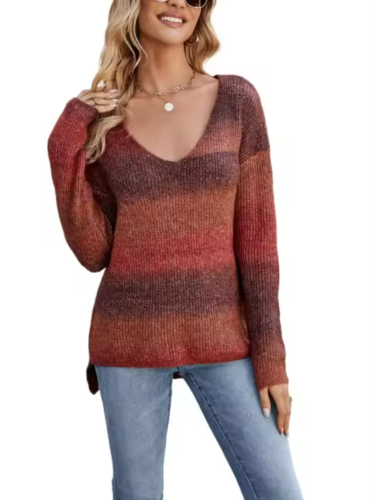 Suéter de punto de estilo japonés para mujer, jersey básico de manga larga, coreano, juvenil, cálido, con cuello en V degradado, invierno, 2024 - 1