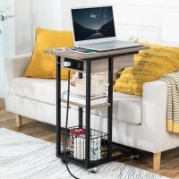 Mesa Auxiliar con Estación de Carga, Mesa de Centro Abatible en Forma de C con Ruedas y Estante de Almacenamiento, Puertos USB Tomas Corriente, para Salón Dormitorio, Greige y Negro EBG022SF01 - details 5
