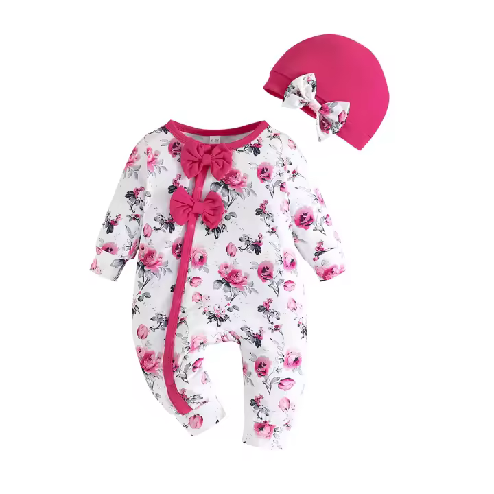 Conjunto gorro recién nacido, de 1 a 18 meses, lazo, ropa de niño, hermoso manga g y pequeños botones - 1
