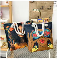 Nueva bolsa de mano bolsa de playa Bart pintado pintura bolsa de dibujos animados lino bolsa de lona de gran capacidad negro hermosa mujer - details 39