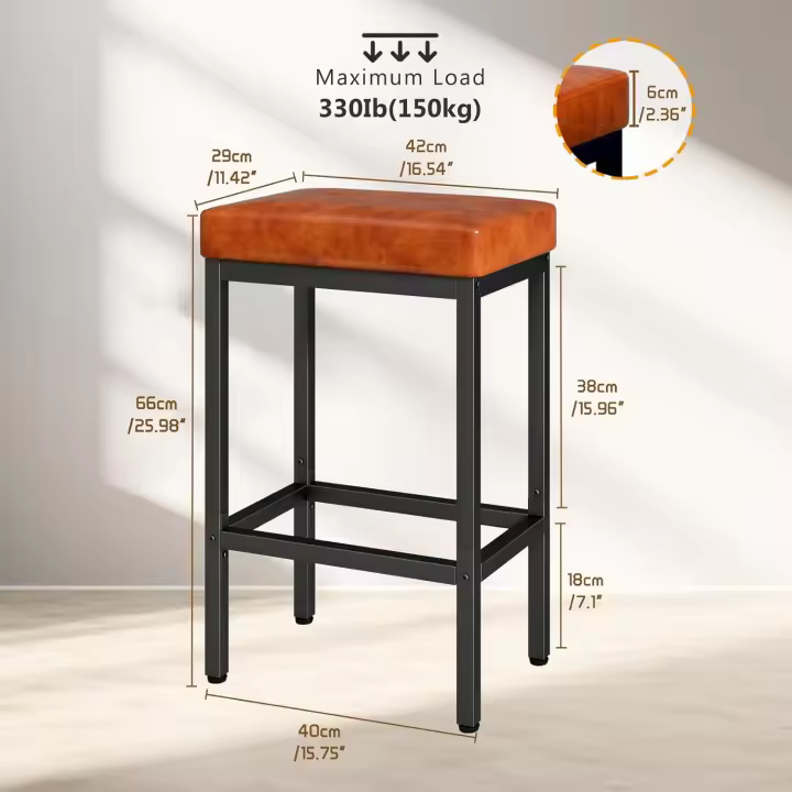 Taburetes Altos de Cocina, Taburete Cocina de 66 cm, Taburete Alto de Cuero de Pu Negro, Taburetes de Cocina con Cojín de 6 cm de Grosor y Base de Metal, Taburetes Altos para Mostrador Cocina, HBS513B - 1