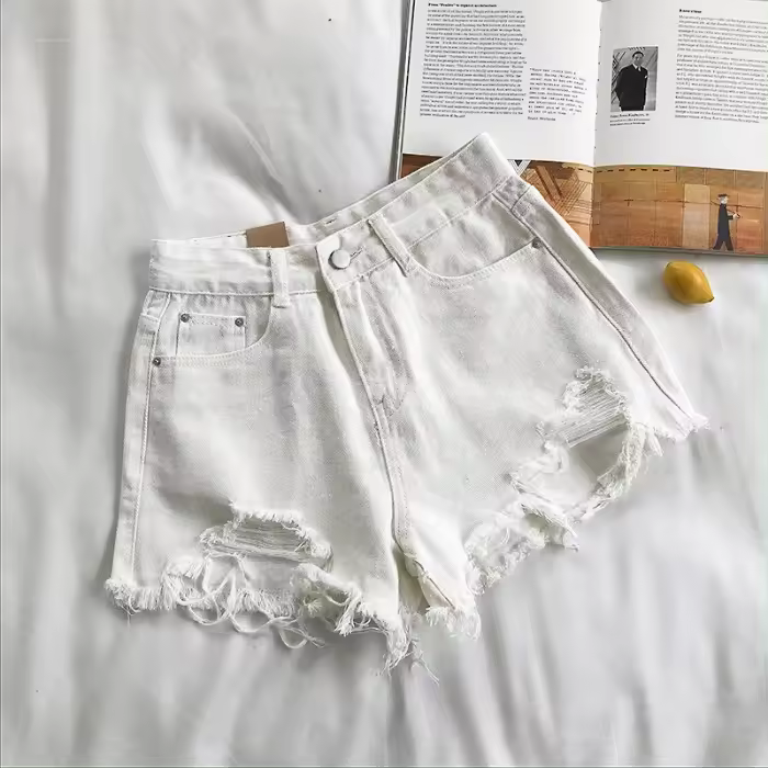 Pantalones cortos de verano para mujer de estilo coreano, vaqueros azules informales de cintura alta con bolsillos modernos y perforados Y2K - 1