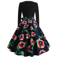 Women dot print party elegant vintage swing long sleeve dress - details 30