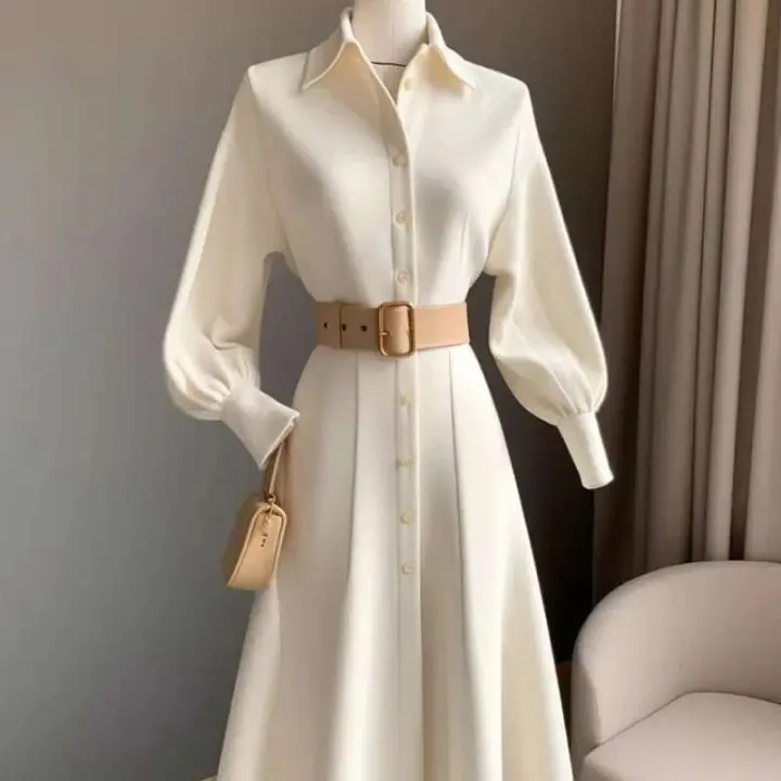 Vestido blanco de moda para ir al trabajo estilo coreano Otoño/Invierno nueva camisa adelgazante ajustada a la cintura falda A-e Clean Chic - 1