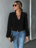 Blusa elegante con volantes y cuello en V para mujer, blusa holgada de manga abullonada de Color sólido, temperamento para ir al trabajo, 2024 - details 12