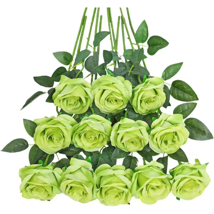 Rosas Artificiales Realistas Ramo de Novia de Seda para Hogar, Jardín, Fiesta, Decoración de Hotel (Verde) - 1