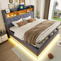 Cama tapizada LED 180 x 200 cm, Cama acolchada con puerto de carga USB y almacenamiento hidráulico, tela de lino agradable para la piel, Gris (Sin colchón) - details 6