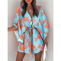 Traje de baño para mujer Vestido de playa estampado con cordón3/4MangaVMini falda de playa con Cuello estilo bohemio - details 5
