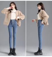 Pantalones vaqueros térmicos de lana gruesa para mujer, Vaqueros ajustados cálidos de cintura alta, pantalones pitillo con botones elásticos, pantalones vaqueros informales de terciopelo para mamá - details 22