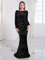 Vestido de noche de terciopelo con lentejuelas y cuello redondo, vestido largo formal de graduación, mangas largas - details 16