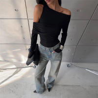 BUNO-Camiseta negra de manga larga con hombros descubiertos para mujer, jersey ajustado a la moda de cintura alta, Top liso Y2k 2024 - details 4