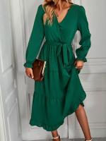 Elegante Vestido Largo de Manga Comprida para Mujer Color Sólido, Estilo A Línea, Belleza Elástica y Bonito - details 1