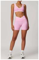 Scrunch - Conjunto de yoga corto para mujer, sujetador relleno en contraste rosa, pantalones cortos cruzados, pantalones deportivos de cintura alta, Fiess Gym Tre, ropa deportiva - details 6
