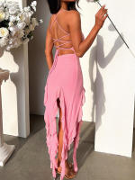 Vestido de playa para mujer, con espalda descubierta ropa Sexy, malla de retazos con volantes, Irregular, color liso, novedad de verano, 2024 - details 4