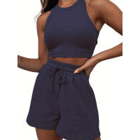 Conjunto de dos piezas de verano para mujer, chaleco sin mangas de color sólido con textura gofre y pantalones cortos casuales de moda. - details 29