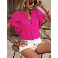 Jersey Elegante De Color Rojo Rosa Para Mujer, Blusa Informal Con Cuello En V Y Mangas Con Volantes De Doble Capa, Top De Color Sólido - details 17