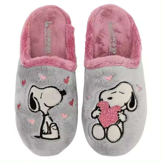 Zapatilla destalonada de mujer mod. 4345 fabricada en suave suapel con diseño de perritos en color gris y rosa. Plantillas extraíbles de espuma técnica y suela de goma antideslizante. - 1