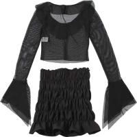 BUNO-Conjunto de 2 piezas con transparencias de gato extraño para mujer, Tops cortos con solapa y cuello oblicuo y manga acampanada + minifaldas ajustadas con niveles, traje elegante de tendencia - details 28