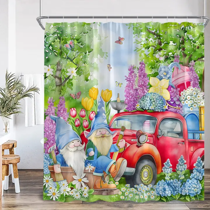 Cortina de ducha de granja para camión, camioneta roja, camioneta azul, decoración de baño para primavera y otoño, cortina de baño con gancho, flor Floral y naturaleza - 1
