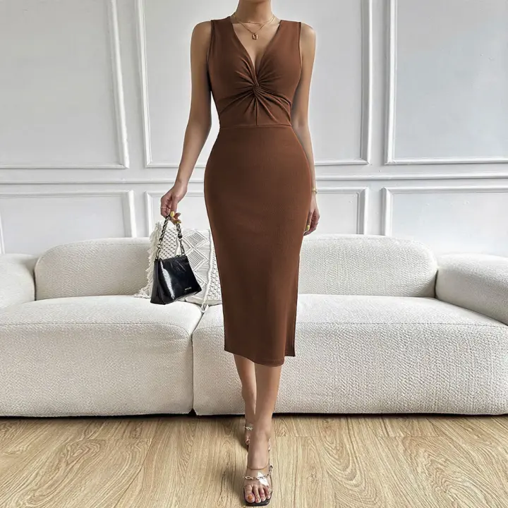 Vestido sin mangas de mujer con cuello V torcido y cintura cerrada - 1