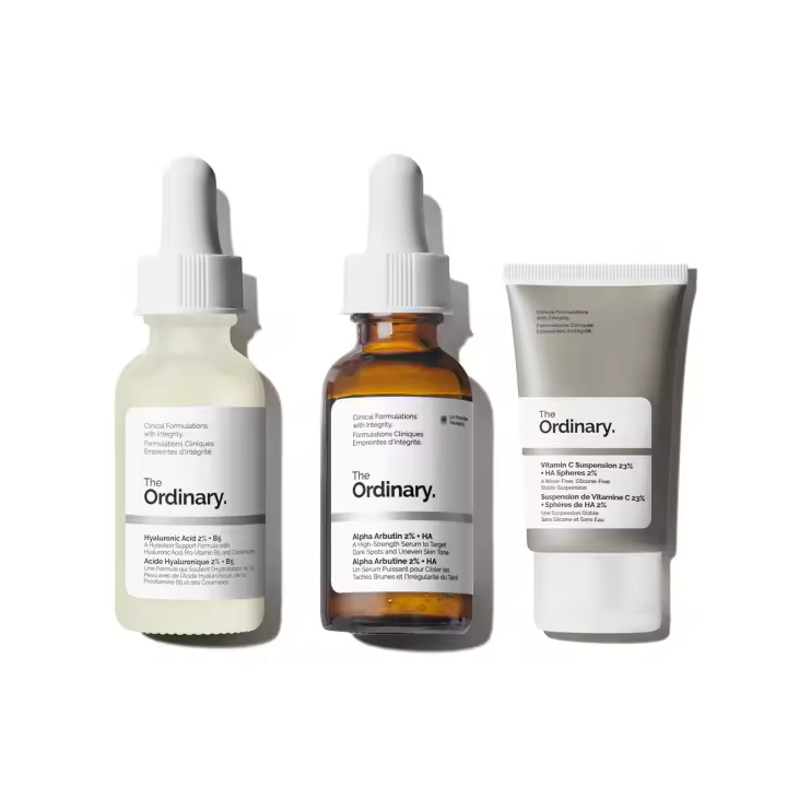 The Ordinary Dark Spot Collection Conjunto de paquete para el cuidado de la piel - Suspensión de vitamina C 23% esferas Alfa Arbutina HA Oz, ácido hialurónico - 1
