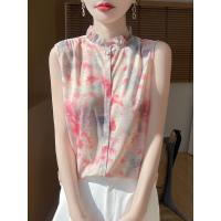 Camiseta sin mangas con cuello con volantes y estampado de tela de punto para mujer, camiseta sin mangas estilo camisa, camisetas finas y frescas suaves para verano, camisola sin mangas - details 3