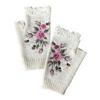 Guantes cálidos sin dedos para mujer, calentadores térmicos de punto con flores bordadas, invierno frío - details 2