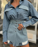 Nueva moda cuello de solapa patchwork color manga larga camisa vestido cintura cierre de dos piezas - details 6