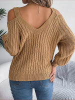 Jersey con cuello en V para mujer, manga farol, Color sólido, torceduras de masa frita, suéter informal suelto, Tops de moda, otoño e invierno, 2023 - details 14