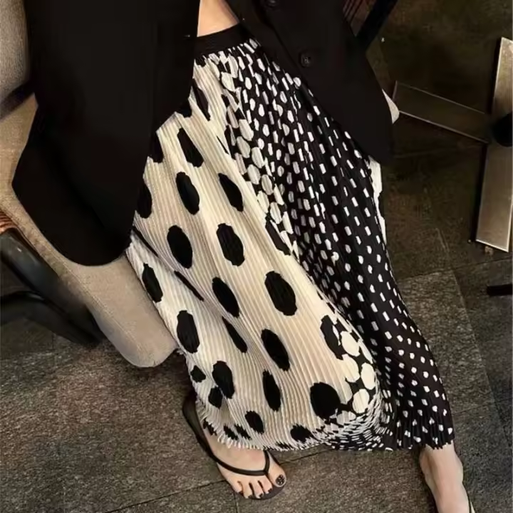Falda doblada grande con cintura plisada de lunares a la moda para mujer, falda larga de escuela secundaria para mujer - 1