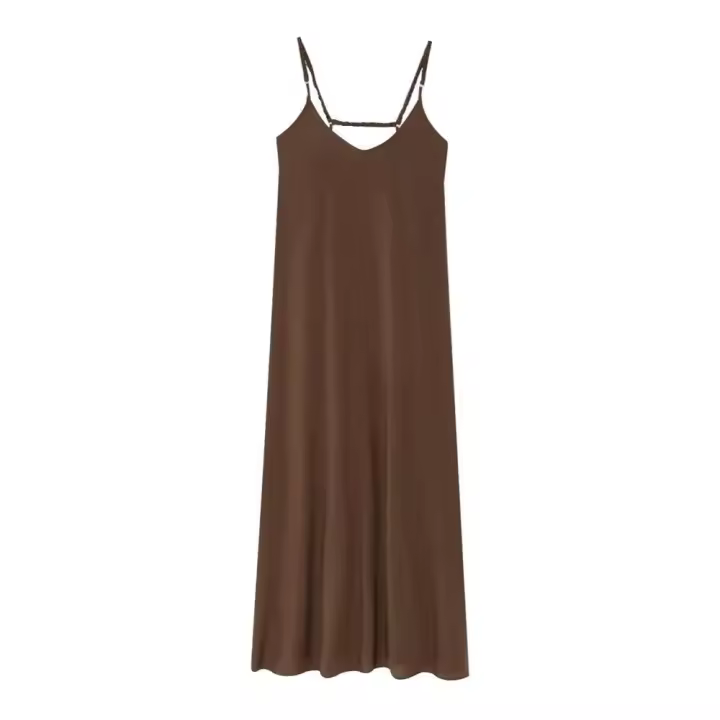 Vestido largo con tirantes para mujer, accesorios de pecho de color liso primavera y verano, ropa casual para mujer - 1