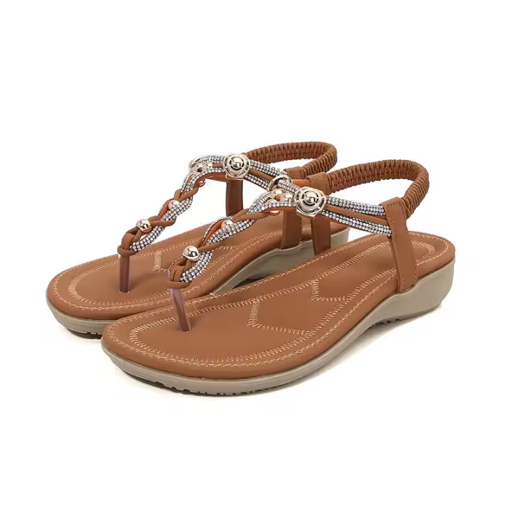 Sandalias de pedrería a la moda con punta redonda, tacón plano, estilo calado, zapatos cómodos para mujer - 1