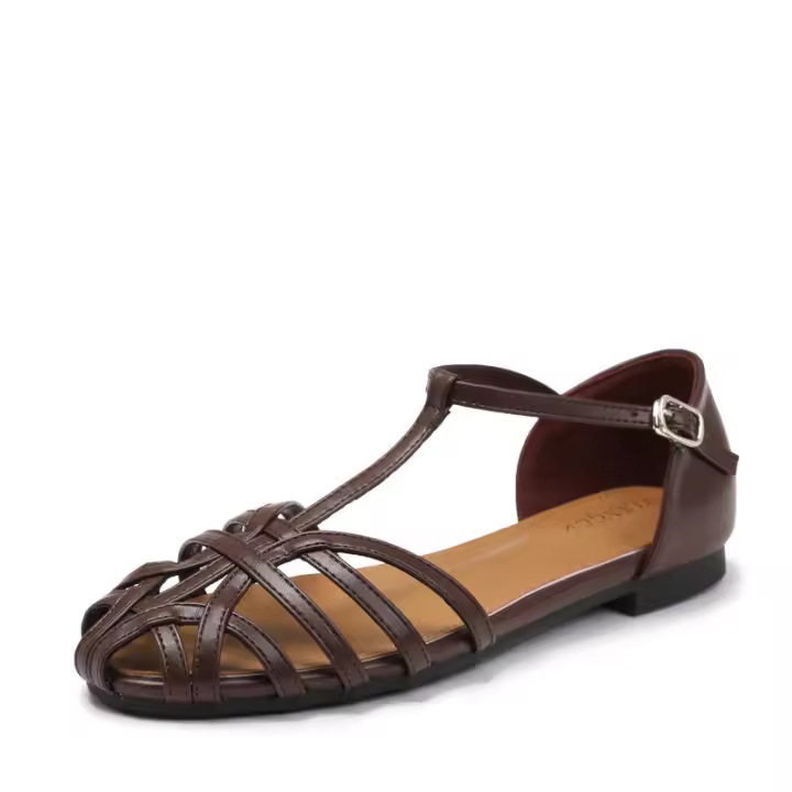 Sandalia-Sandalias de punta plana con huecos tejidos para mujer, ropa de verano para exteriores, transpirable, hebilla de una sola pieza, vacaciones a la moda, 2025 - 1