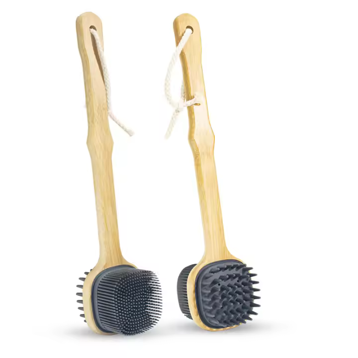 Nuevo cepillo de baño con mango de bambú, cepillo de baño de mango largo, artefacto de baño de masaje de doble cara, cepillo de baño de silicona suave para cabello fino y suave - 1